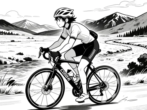Manga Style Cyclist Riding Through Scenic Mountains