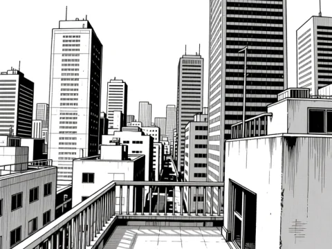 Manga Style Rooftop Overlooking Cityscape