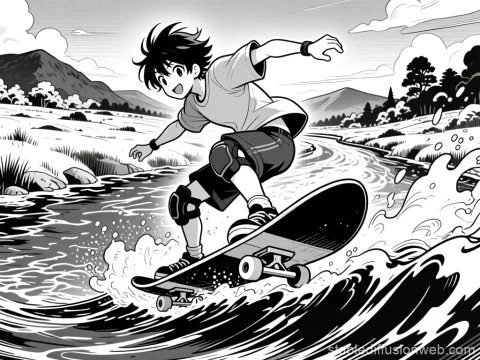 Manga Style Skater Riding a Waveboard on a River