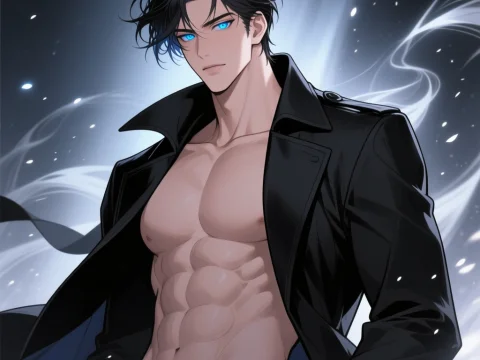 Manhwa Hero with Glowing Blue Eyes and Black Coat
