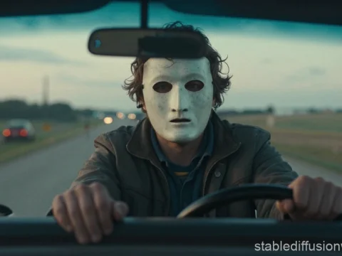 Maniac Farmer Wearing White Mask Driving Truck