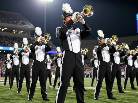 Marching Band Trumpet Section Performing at Night Football Game