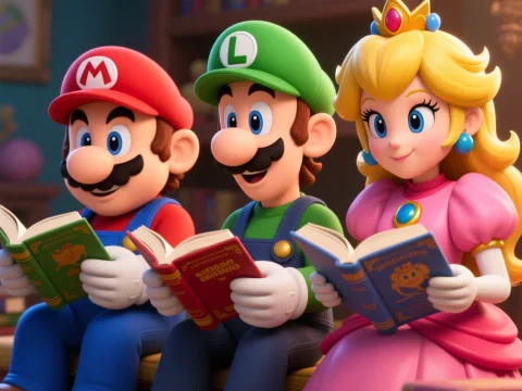 Mario, Luigi, and Peach Reading Books Together
