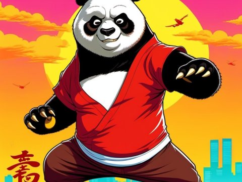 Martial Arts Panda in Red Gi with Sunset Cityscape