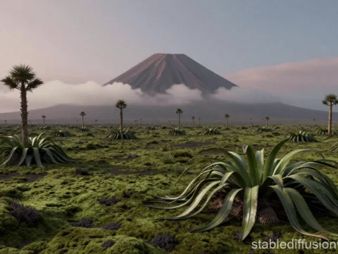 Martian Moss Fields with Distant Mountain Under Cloudy Sky
