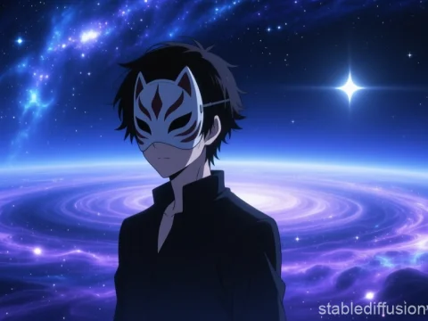 Masked Anime Character Against Cosmic Galaxy Background