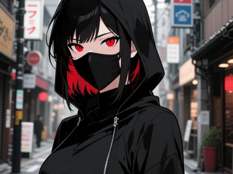 Masked Assassin with Red Eyes in Urban Alley