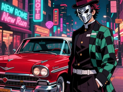 Masked Character in Neon City with Classic Red Car