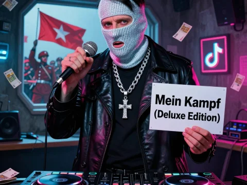 Masked DJ Holding Mein Kampf Deluxe Edition in Neon-lit Room