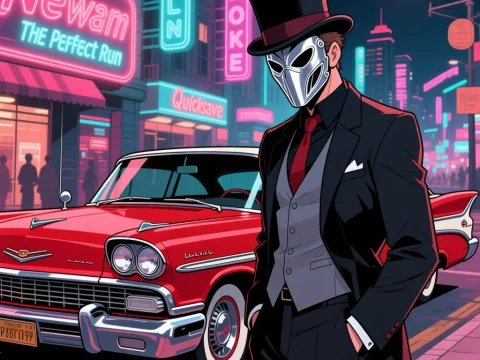 Masked Gentleman in Neon City with Classic Car