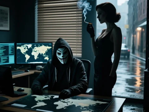 Masked Hacker and Woman in Noir Office Setting