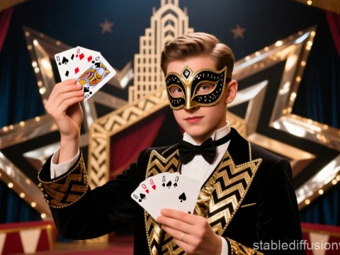 Masked Magician Performing Card Trick on Stage