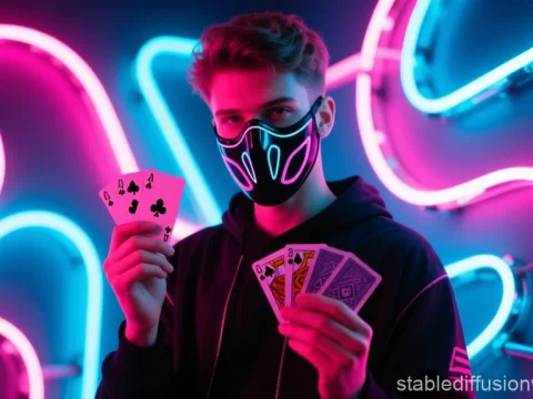 Masked Man Holding Playing Cards with Neon Lights
