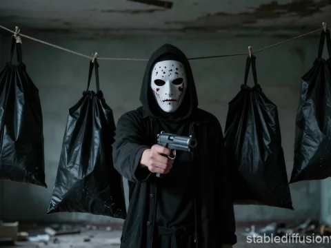 Masked Maniac Pointing Gun in Abandoned Room
