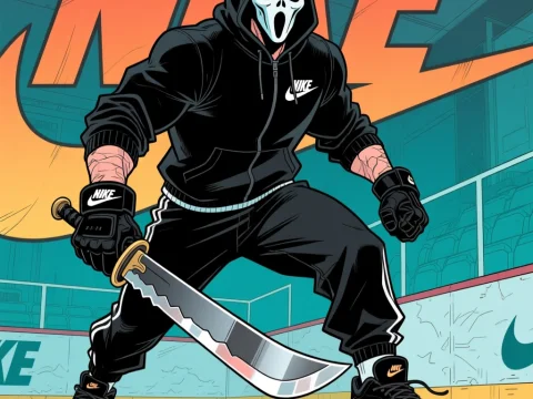 Masked Warrior in Nike Gear Holding a Sword