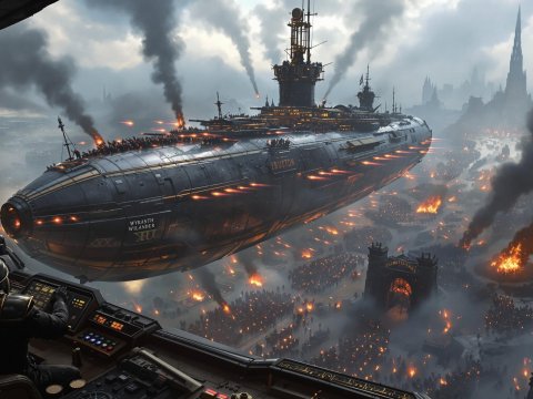 Massive Airship Over a Burning City in a Dark Sci-Fi Battle
