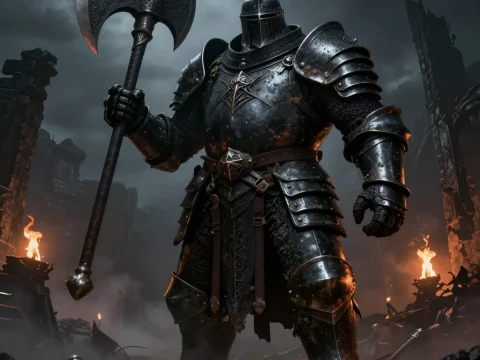 Massive Armored Knight Holding Battle Axe in Ruined Battlefield