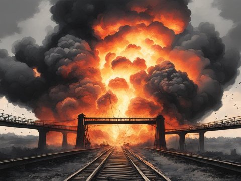 Massive Explosion Behind Railway Bridge