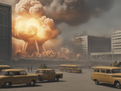 Massive Explosion in Urban Area with Vintage Vehicles