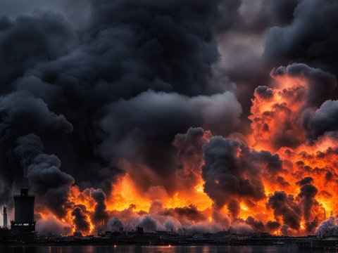 Massive Explosion with Intense Flames and Thick Smoke Over Water