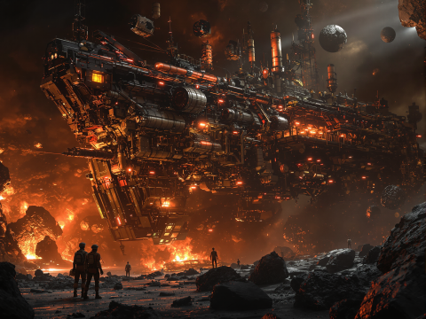 Massive Futuristic Spaceship Over Volcanic Alien Landscape