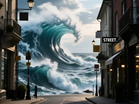 Massive Ocean Wave Surging Through Urban Street