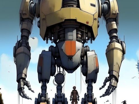 Massive Robot Standing Tall in Futuristic Landscape