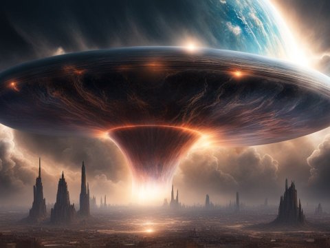 Massive Sci-Fi Alien Structure Over Dystopian Landscape
