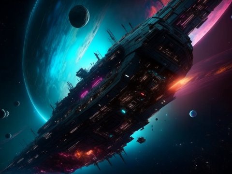 Massive Sci-Fi Spaceship Near a Vibrant Planet