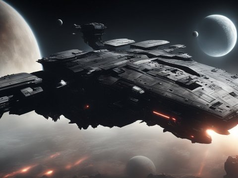 Massive Sci-Fi Titan Spaceship in Orbit Near Planets