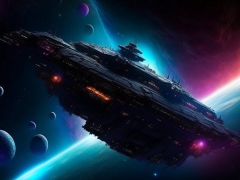 Massive Space Station Orbiting Colorful Planets