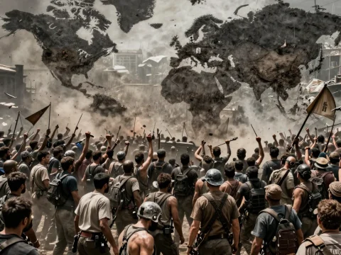 Massive Uprising Under a War-Torn World Map
