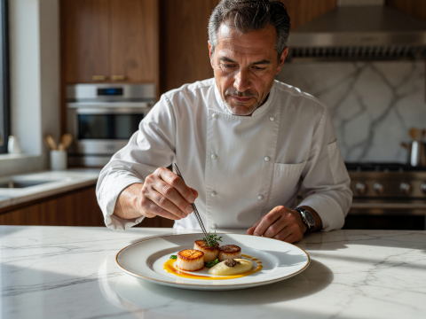 Master Chef Carefully Plating Gourmet Scallops