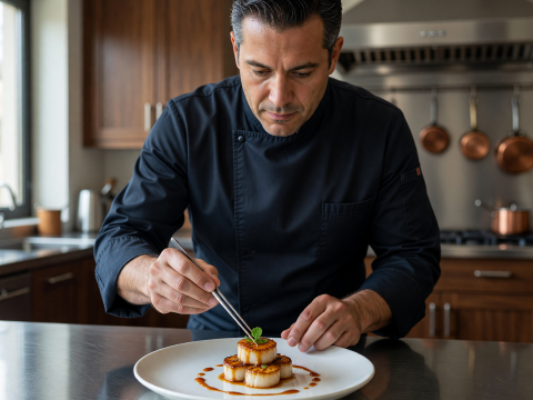 Master Chef Carefully Plating Gourmet Scallops