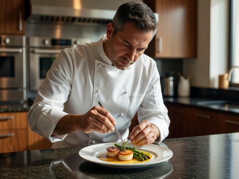 Master Chef Garnishing Gourmet Scallop Dish