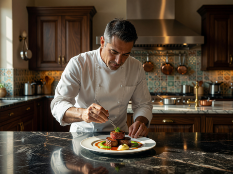 Master Chef Perfecting Gourmet Dish Plating in Elegant Kitchen