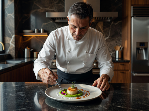Master Chef Perfecting Gourmet Plating in Modern Kitchen