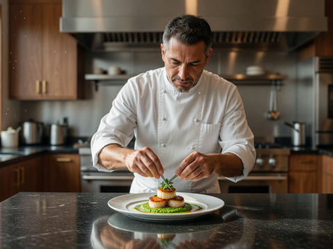 Master Chef Perfectly Plating Gourmet Dish in Modern Kitchen