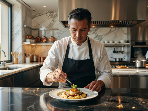 Master Chef Plating a Gourmet Dish in Modern Kitchen