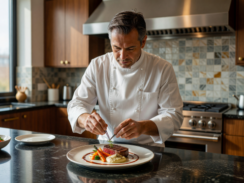 Master Chef Plating Gourmet Dish in Luxury Kitchen