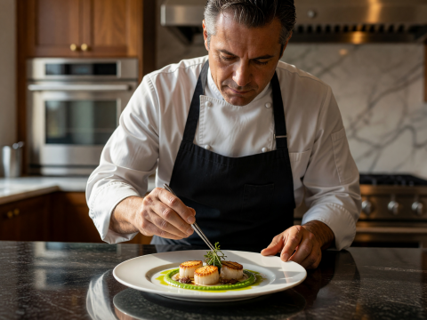 Master Chef Plating Gourmet Scallops in Modern Kitchen