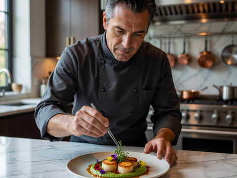 Master Chef Plating Gourmet Scallops with Precision