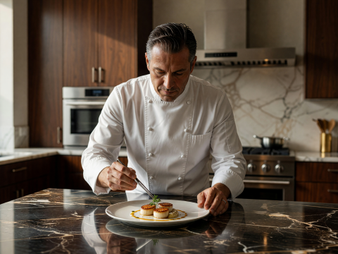 Master Chef Plating Scallops with Precision in Modern Kitchen