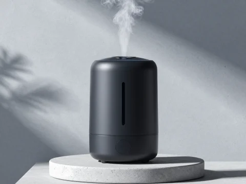 Matte Black Humidifier Emitting Mist on Minimalist Pedestal