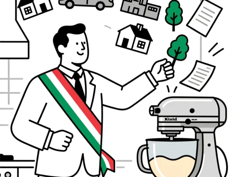 Mayor Mixing Urban Elements in Kitchen Mixer Illustration