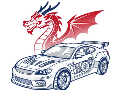Mechanical Dragon and Sports Car Illustration