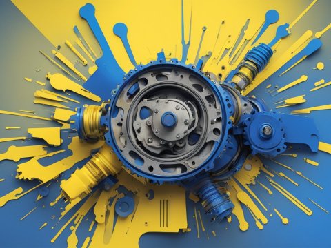 Mechanical Gear with Blue and Yellow Paint Splash