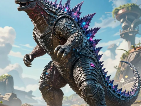 Mechanical Godzilla with Glowing Purple Spikes in Futuristic Landscape