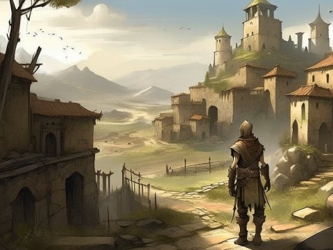 Medieval Adventurer Approaching a Castle Village