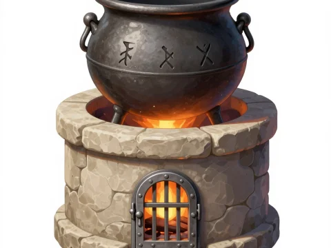 Medieval Alchemy Cauldron on Stone Hearth